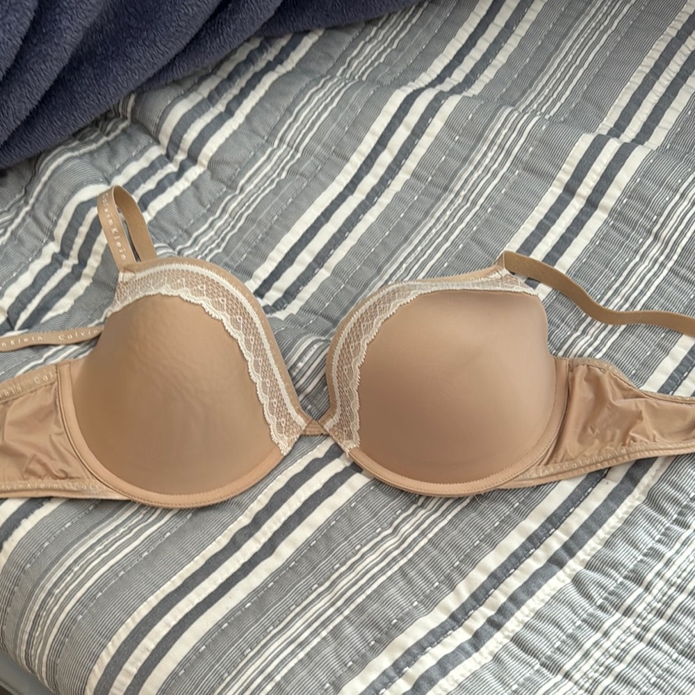 Beige Lace Trim Women's Bra